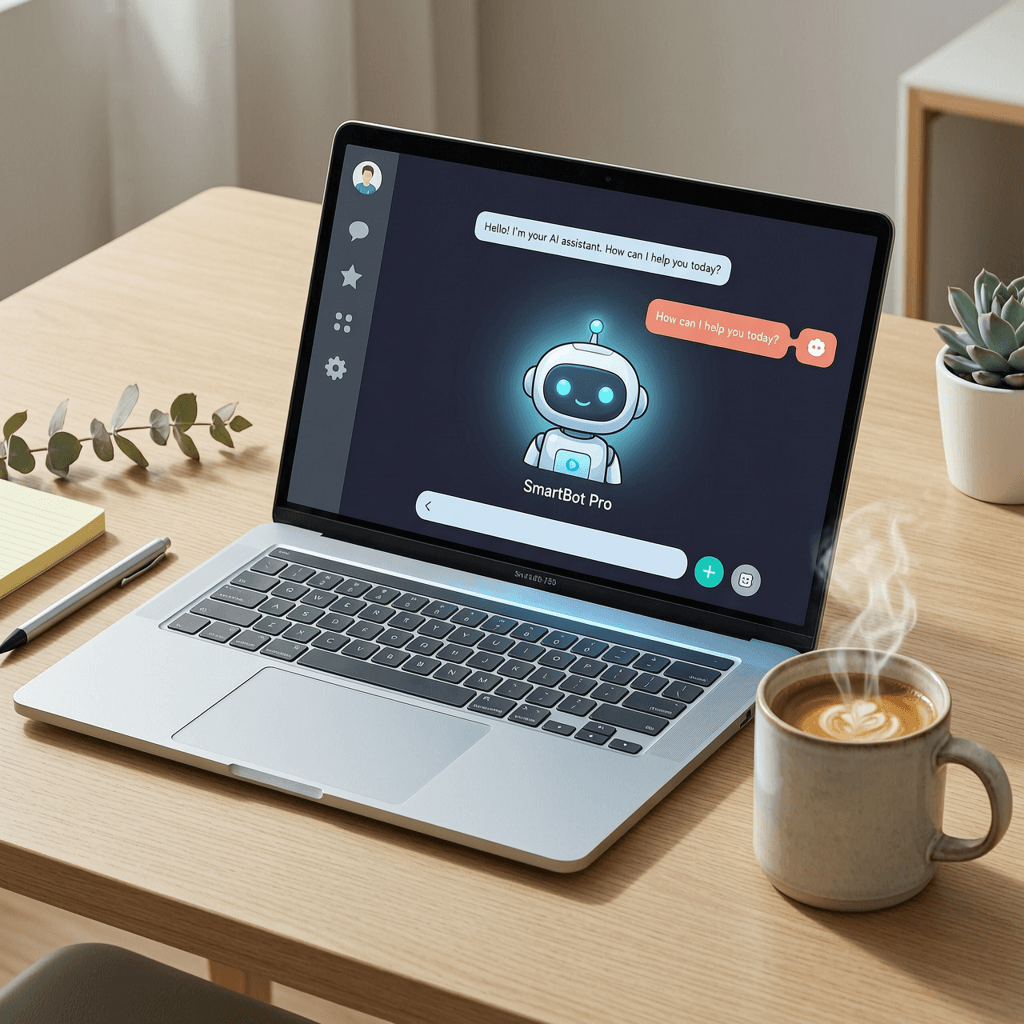 Friendly AI chat interface on a laptop