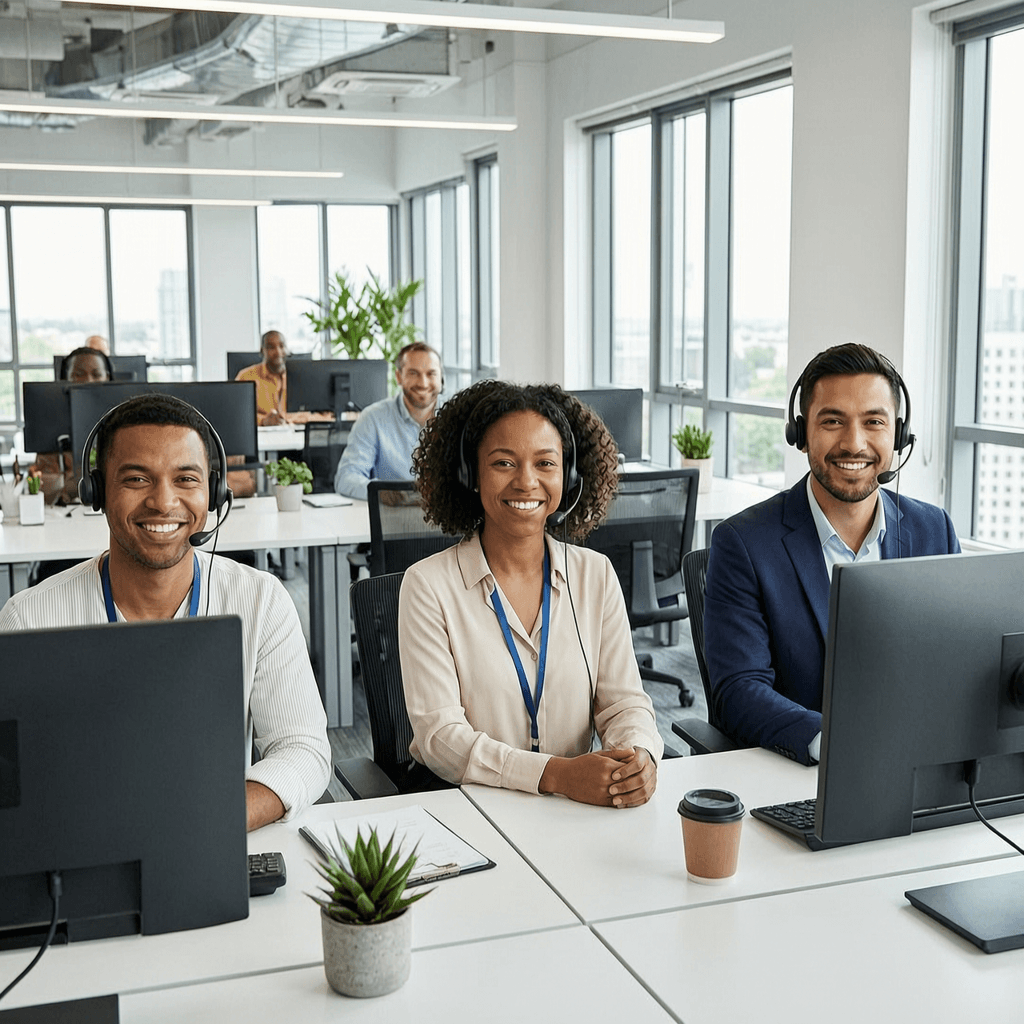 Friendly customer support team wearing headsets