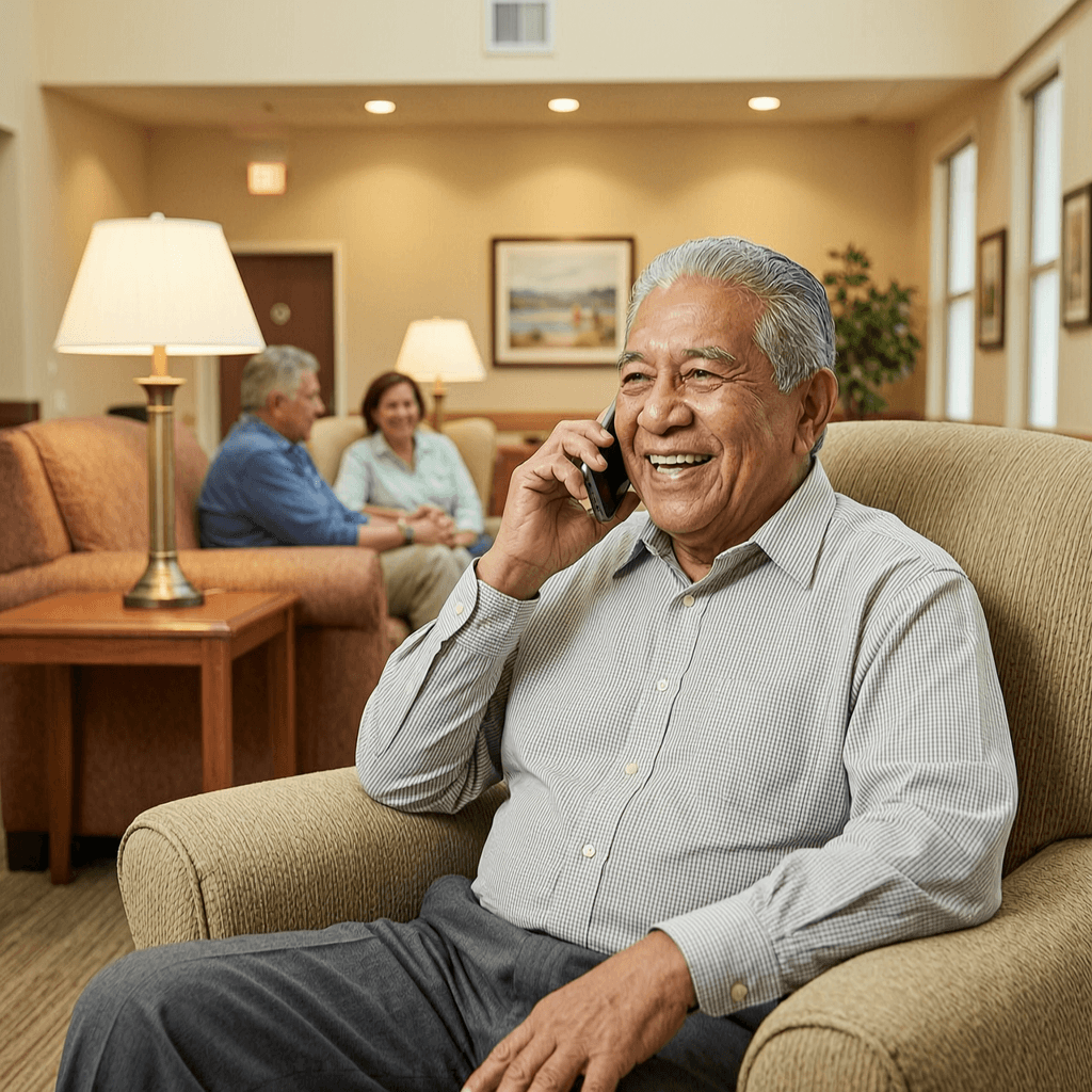 Resident smiling on a phone call with the AI companion