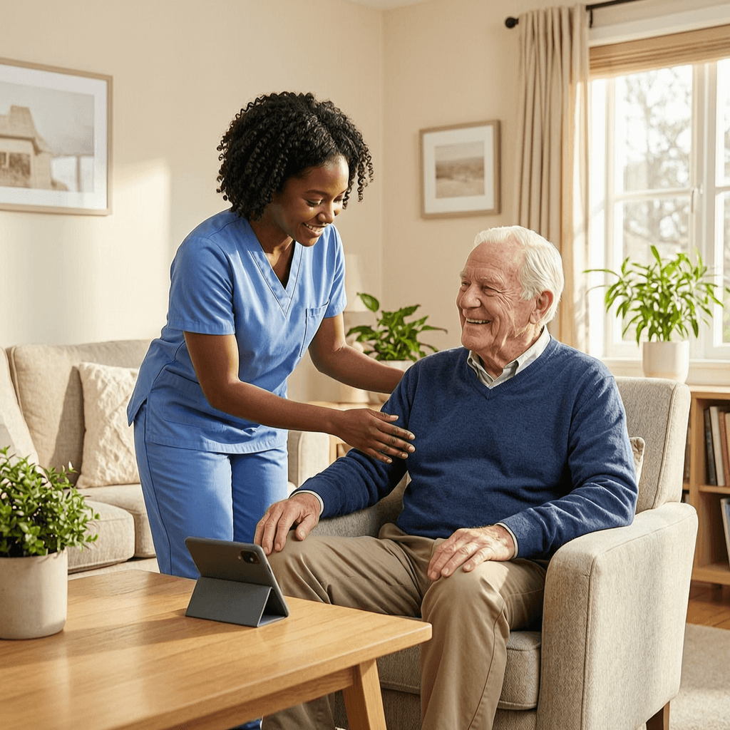 Caregiver smiling as an elderly resident takes his daily AI wellness call