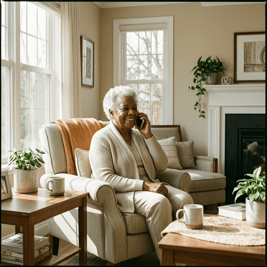 Warm photo of an elderly resident smiling on a phone call
