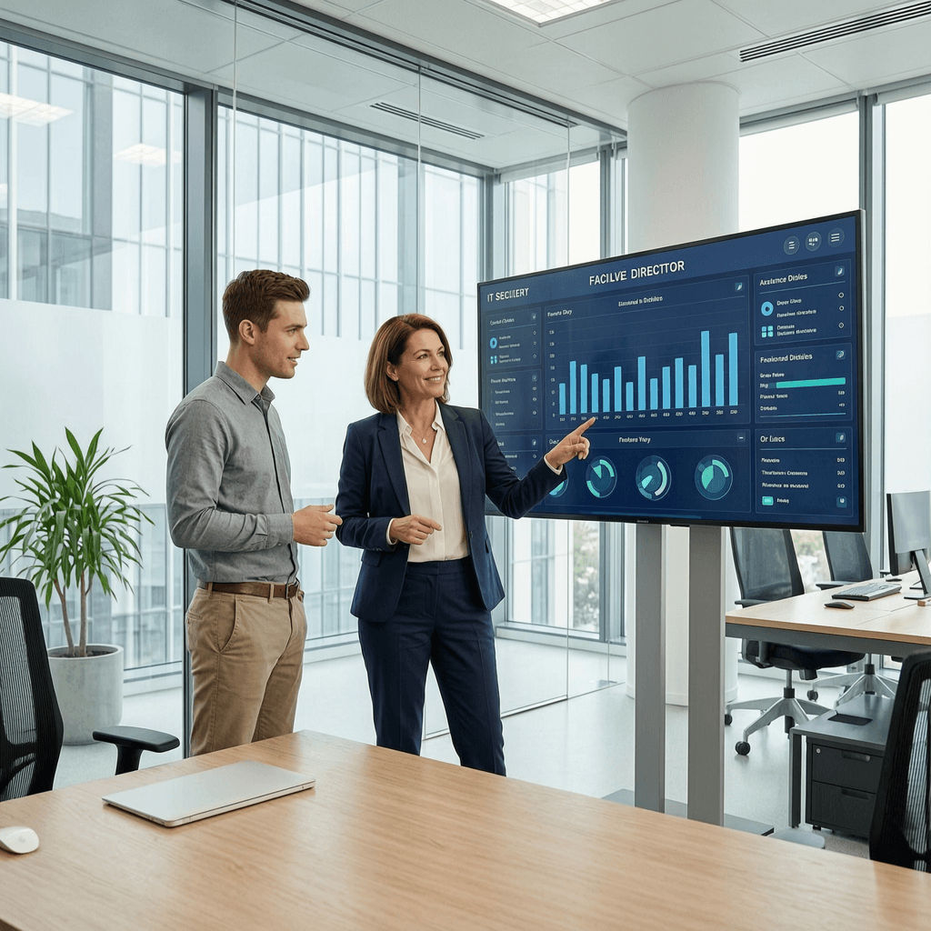 Facility director and IT specialist reviewing the Care-Call.AI dashboard together